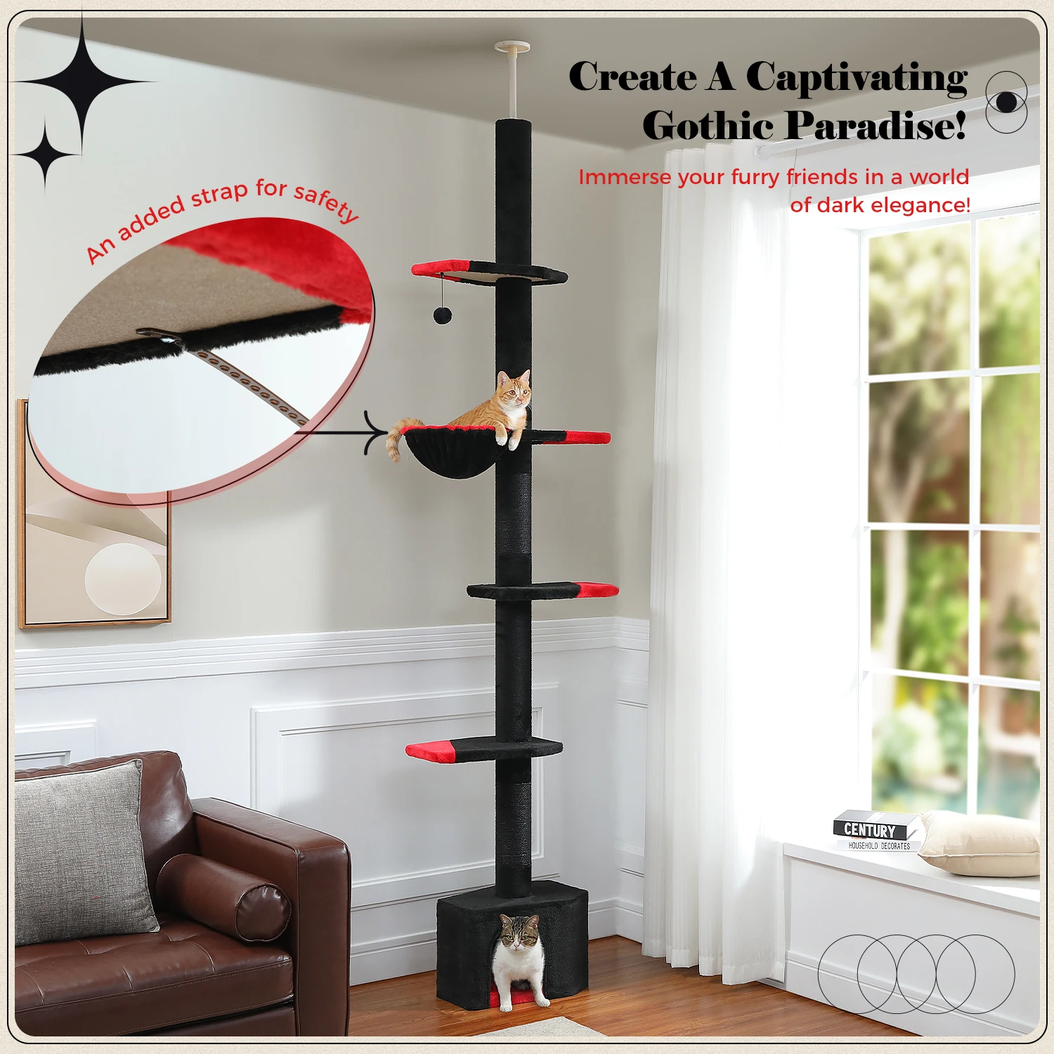 Árbol para gatos ajustable piso a techo – hamaca, sisal y bola colgante - imagen 4