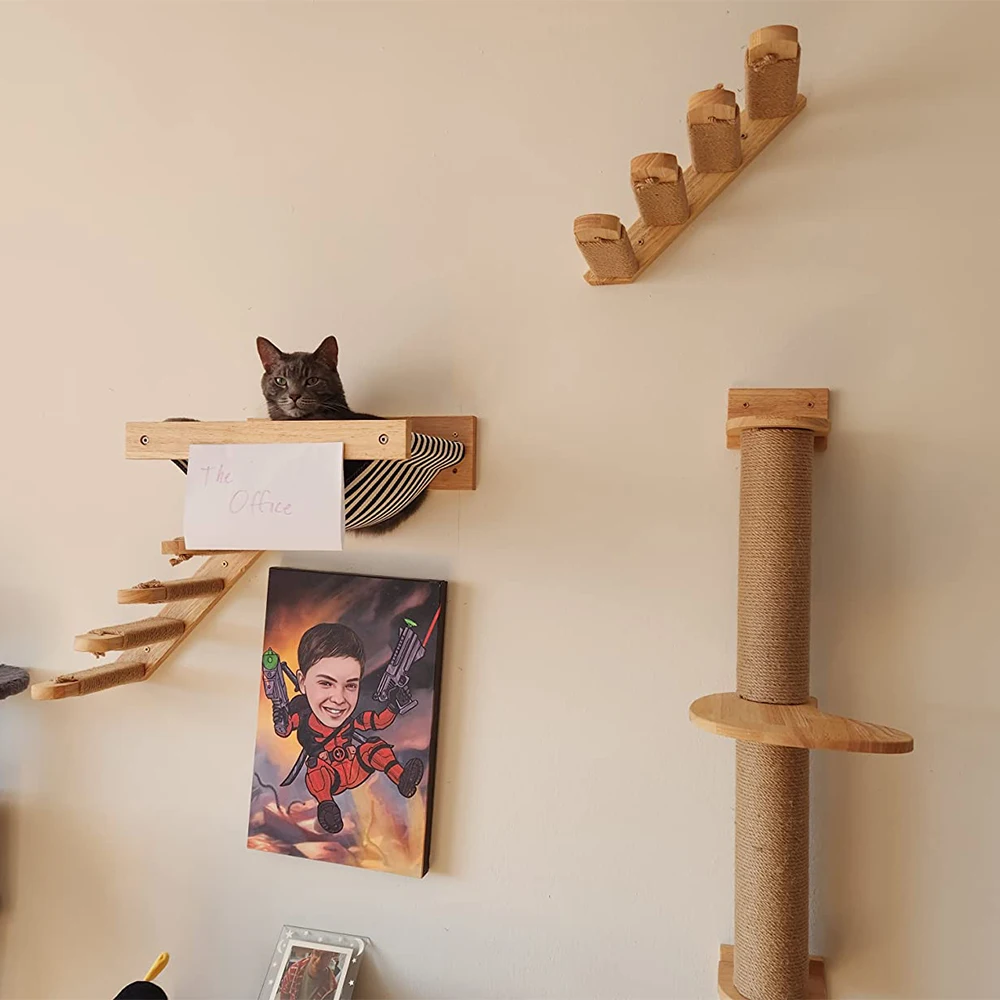 Estantes de madera para escalar gatos montados en la pared, hamacas y postes para rascar, muebles de interior para gatos para gatitos y gatos adultos para jugar y descansar