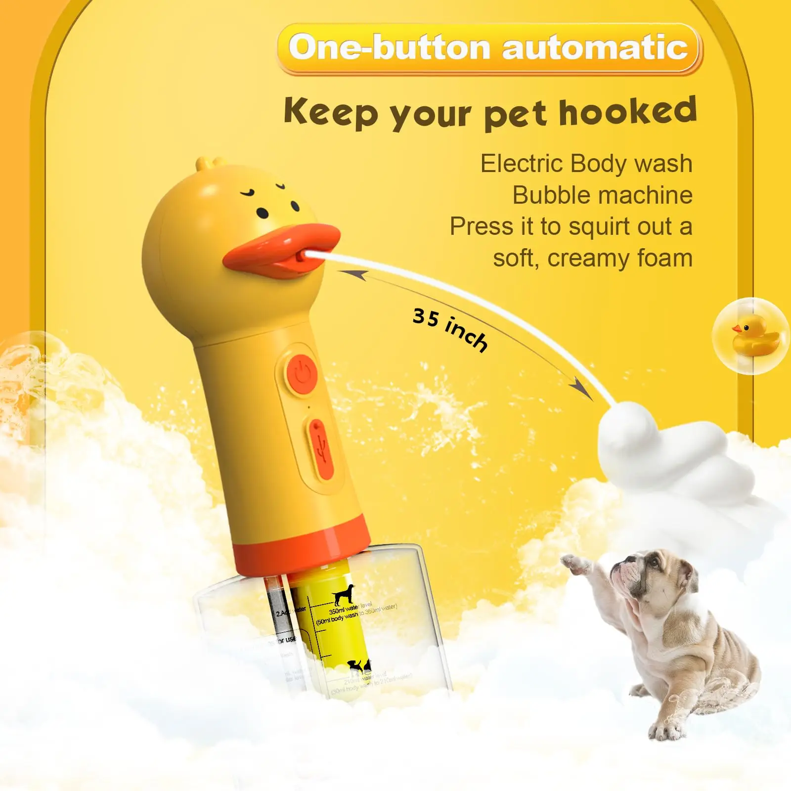 Dispensador de jabón automático para mascotas, máquina de espuma eléctrica de pato amarillo, lanzador para gatos y perros, accesorios de baño - imagen 2