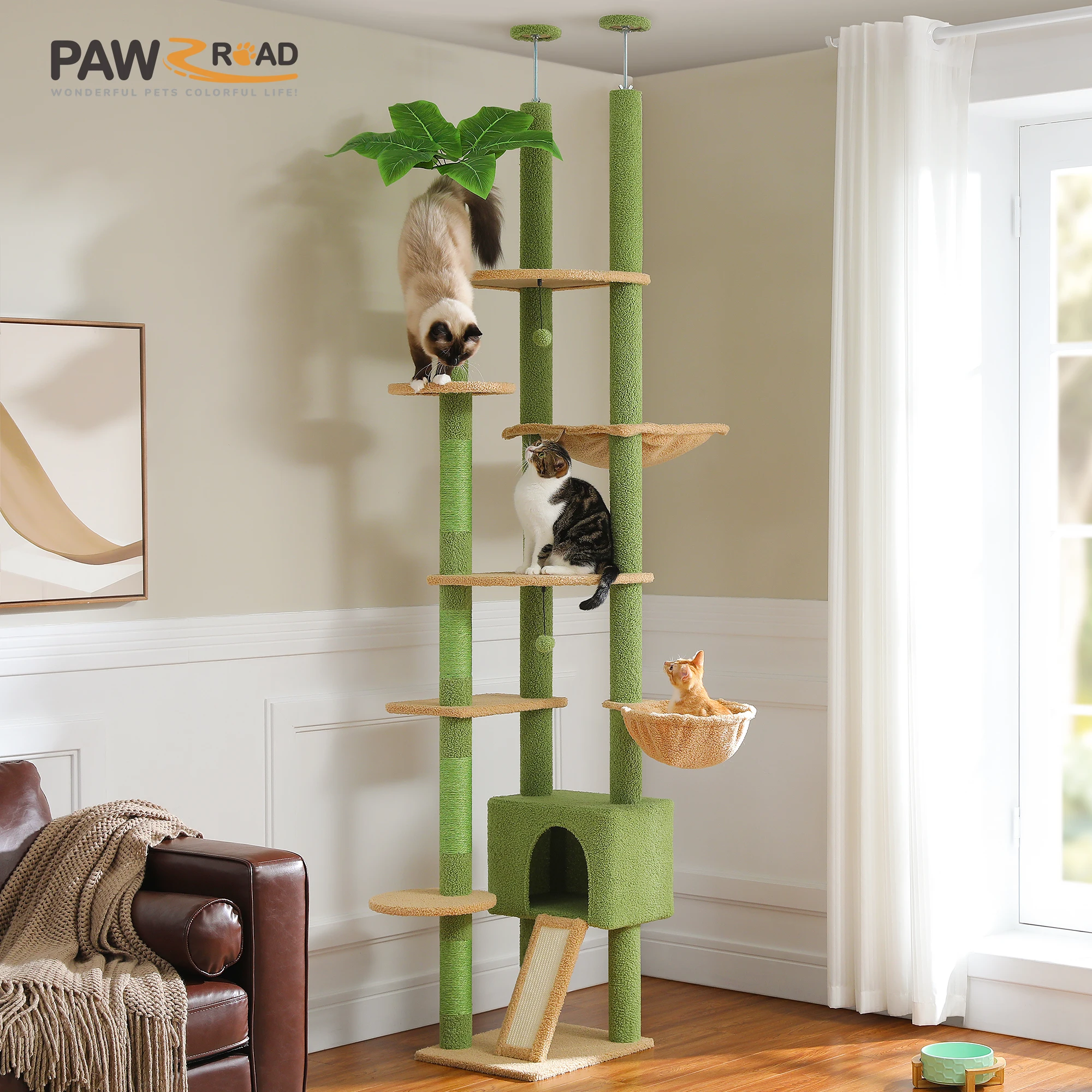 Árbol para gatos ajustable de 230-252 cm, Condo para gatos de piso a techo, bola colgante, 5 postes para rascar, hamaca, amplio lugar de descanso para gatos - imagen 4