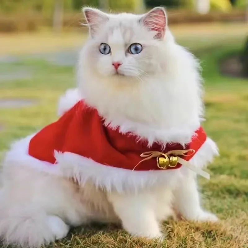 Abrigo de Navidad para mascotas, bonito cuello de felpa, capa para gato de otoño e invierno, traje de Navidad, bufanda con campana para perro, sombrero, capa, ropa para cachorro - imagen 4