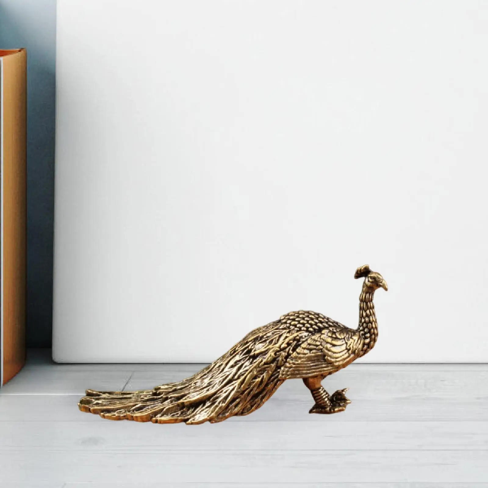 Brass Peacock Figurine Animal Sculpture Statue Collectible Gift Ornament 5.7cm Tiny for Car Living Room Office Bedroom Desktop