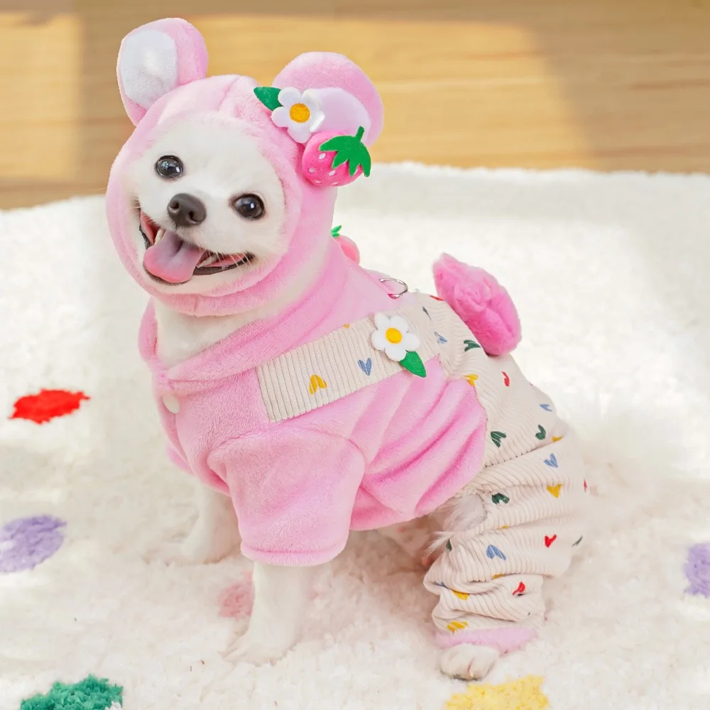 Pink Bear Costume Winter Clothes for Small Dogs Soft Flannel Heart Print Pet Cat Overalls Breathable Four Legs Maltese Clothing - imagen 4
