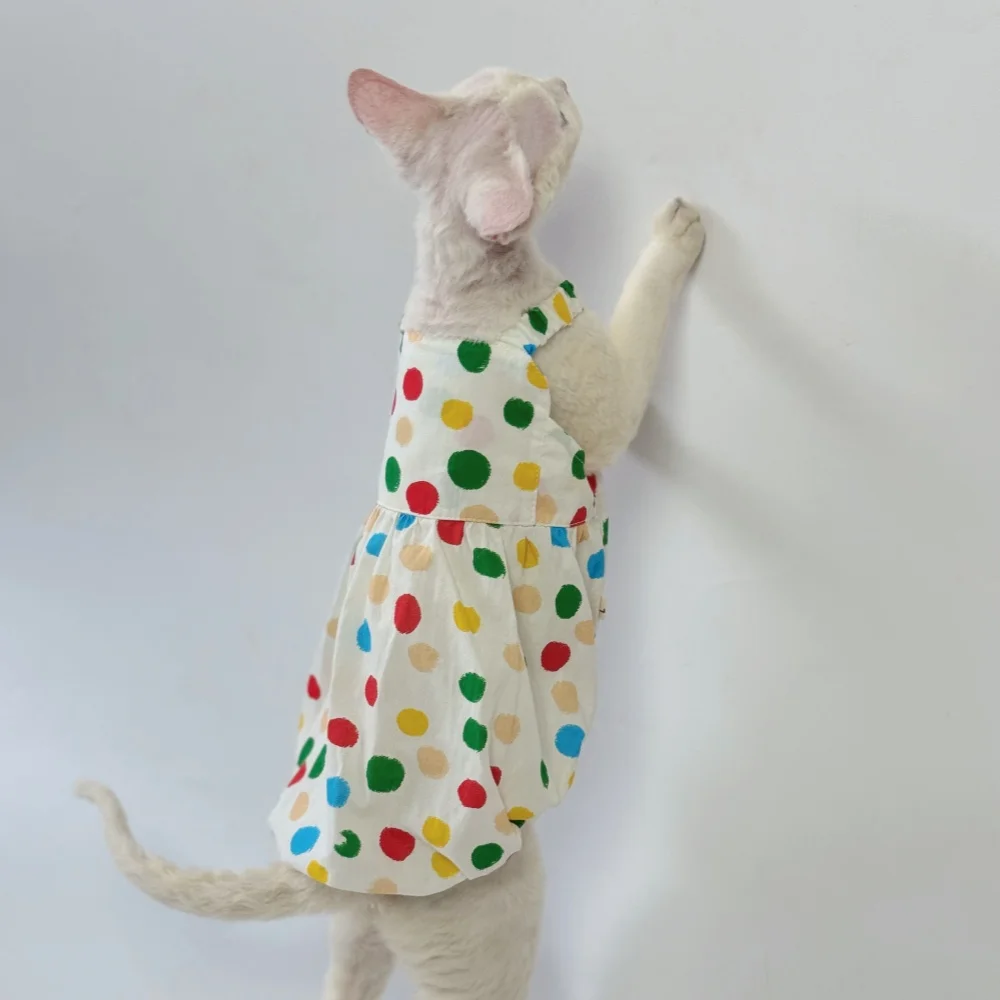 Vestido de algodón para gato Sphynx, falda de lunares arcoíris dulce de verano para gata, camiseta sin mangas de primavera para Devon Rex - imagen 3