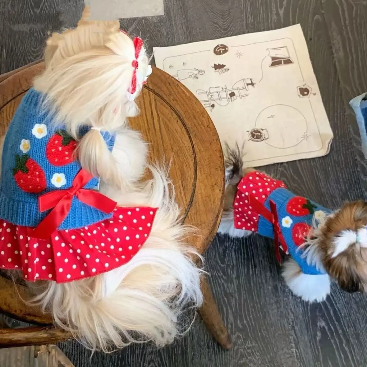 Vestido tejido de fresa para otoño/invierno para mascotas, suéter con lazo, vestido de princesa, abrigo para gato de peluche, ropa para perros pequeños, ropa para cachorros - imagen 4