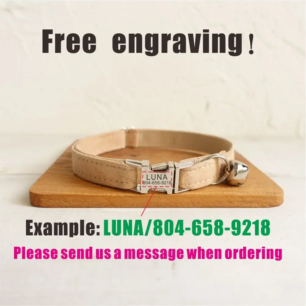 Collar de gato personalizado, contactos de nombre de identificación personalizados, hebilla de metal, collares de gato de terciopelo desnudo ajustables con campana - imagen 4