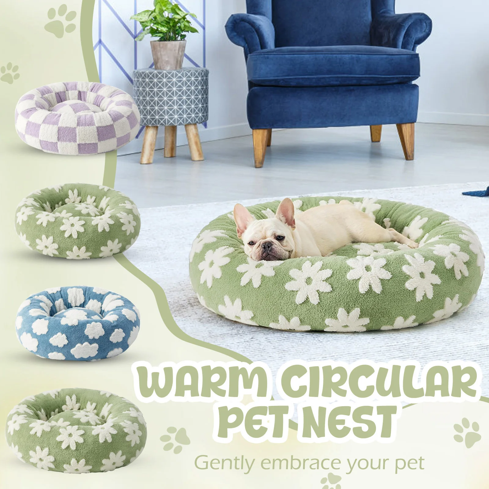 Perrera para perros pequeños con nubes de cielo, bonita cama para mascotas con forma de Donut, camas lavables para cachorros, sofá acogedor, camas redondas antideslizantes de felpa peluda para gatos