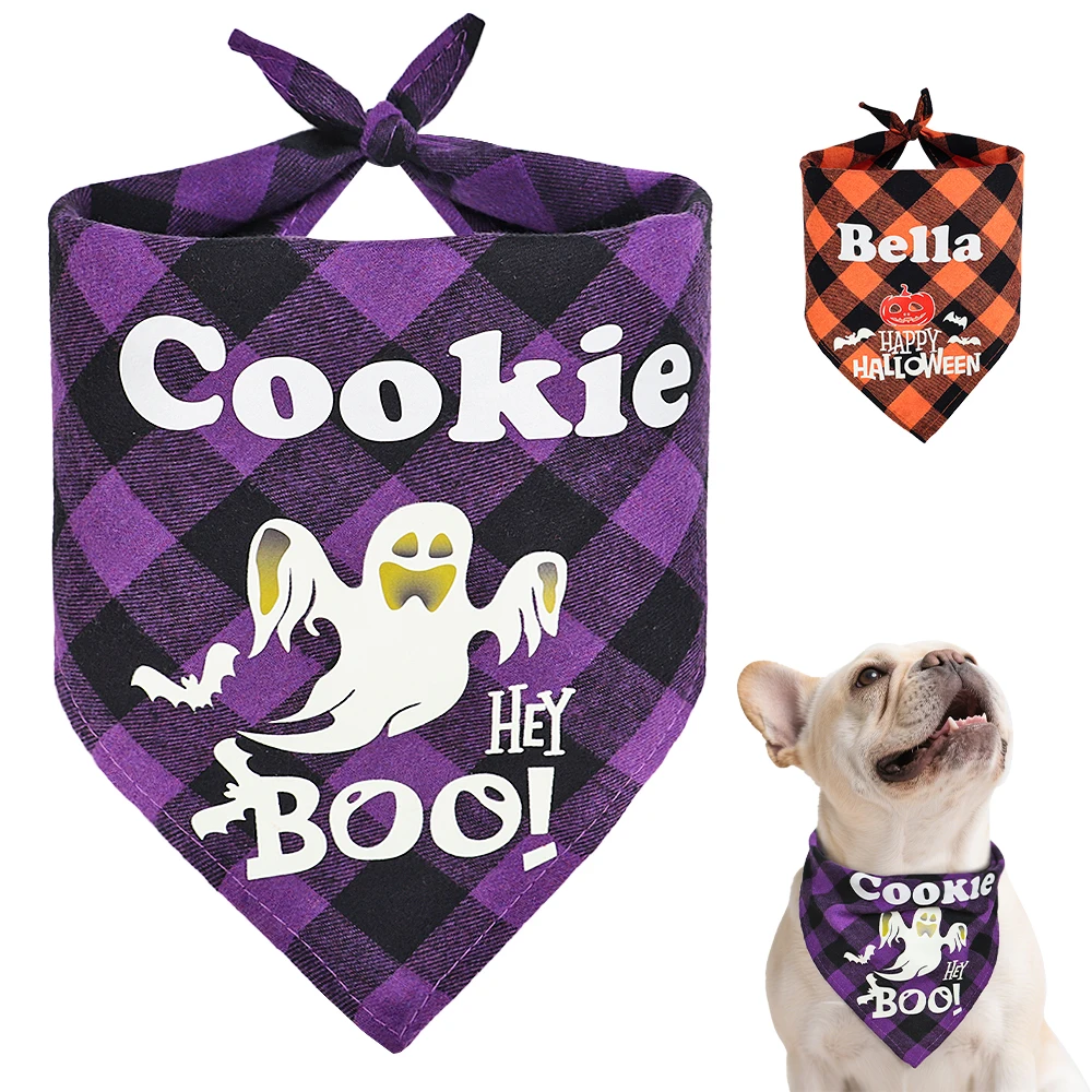 Collar Bandana para perro personalizado, pañuelos de Halloween para perro, ropa con patrón de calabaza fantasma luminoso para Halloween, perros pequeños, medianos y grandes