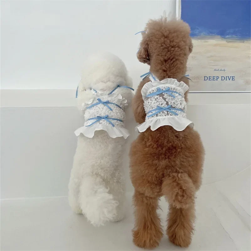 Vestido bordado de malla de verano de encaje azul para mascotas, correa trasera para perro pequeño, falda hueca cómoda y fresca, tocado, ropa para cachorros