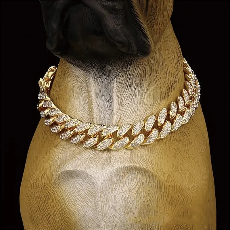 Collar de cadena de lujo para perros, Collar de diamantes para mascotas, Collar de cadena de Metal para perros pequeños, medianos y grandes, Collar para mascotas con hebilla segura - imagen 4