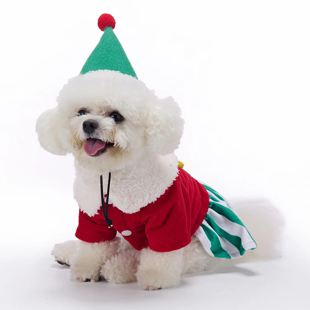 Conjunto de vestido navideño para perros con falda de rayas verdes y top rojo con sombrero, disfraz de invierno de forro polar cálido, traje de vacaciones para mascotas pequeñas y grandes