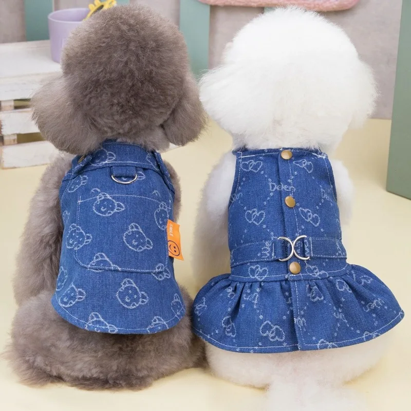 Vestido vaquero para perros pequeños, chaleco vaquero lavado oscuro, faldas tutú con anillo en D con correa, ropa de verano, ropa para mascotas Yorkie Chihuahua - imagen 4