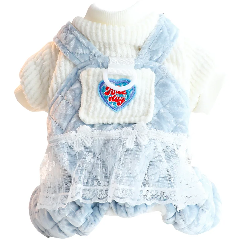 Ropa de invierno y otoño para perros, abrigo de algodón de cuatro patas a cuadros de lana gruesa, traje cálido de Estilo Princesa de encaje para perros pequeños - imagen 5