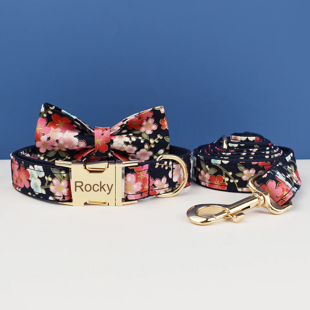 Collar de perro grabado personalizado de lujo, conjunto de correa y arnés, diseño Floral de algodón suave, accesorio de lazo personalizado para perros 03 - imagen 2