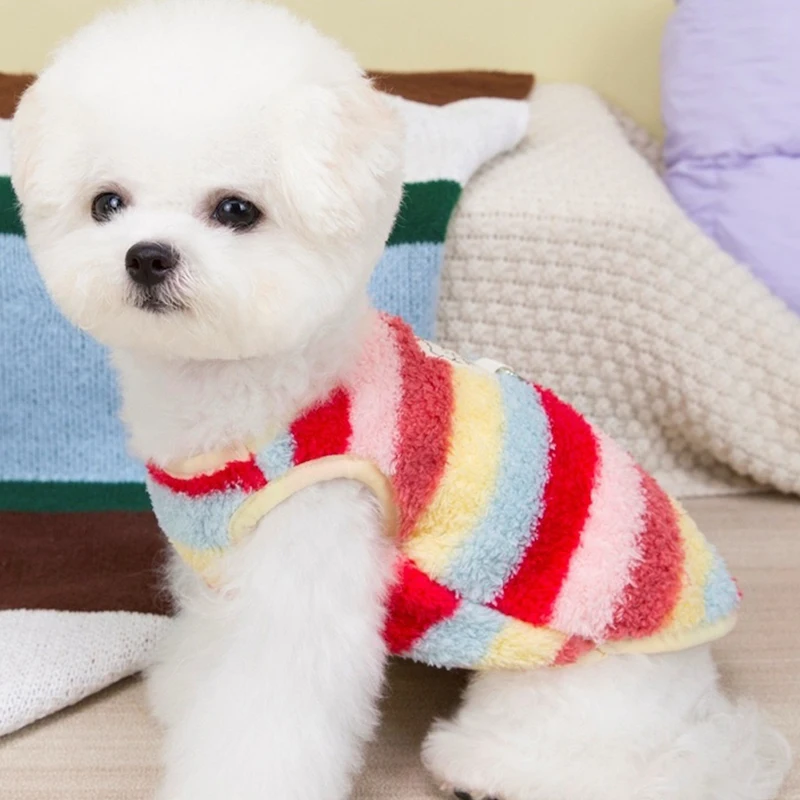 Chaleco de invierno esponjoso a rayas para Bulldog Francés, Chihuahua, ropa de gato de Color arcoíris, monos bonitos de retales de oso para mascotas - imagen 4