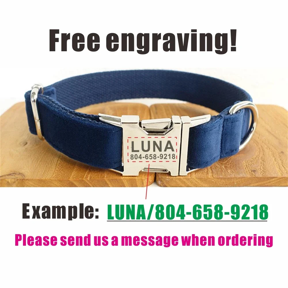 Collar de perro personalizado con grabado gratuito, correa para mascotas a juego, hebilla de Metal de contactos personalizados, Collar de terciopelo grueso azul oscuro - imagen 4