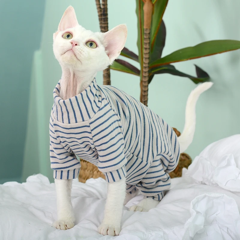 Sphynx Cat Clothes Jumsuit de 4 patas a rayas verdes suaves para gatitos Perros Abrigo de gran tamaño para gatitos en primavera Ropa de estar por casa para Devon - imagen 5