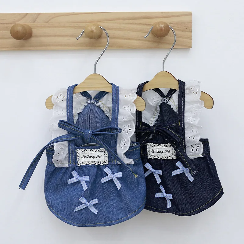 Vestido de vaquero de verano para mascotas, falda vaquera, falda con lazo, Top de dos piernas para perros, camiseta sin mangas de peluche para gatos, ropa para perros pequeños, camisa para cachorros