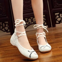 Longevous Crane bordado correa de encaje lona bailarinas hechas a mano Vintage señoras Casual zapatos cómodos blanco