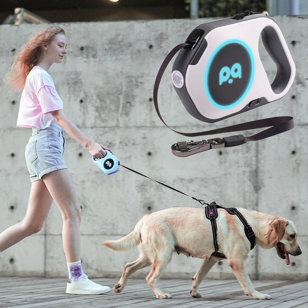 Correa retráctil automática para perros grandes, 5M, iluminación LED para perros medianos y grandes, cuerda de plomo de nailon duradera para caminar, correas para mascotas