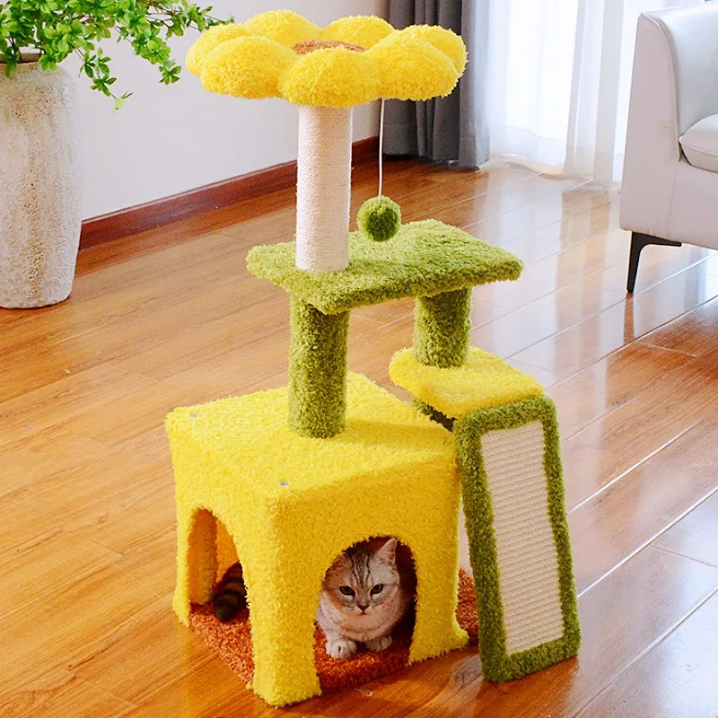 Rascador para gatos girasol con poste de sisal y torre de salto - imagen 3