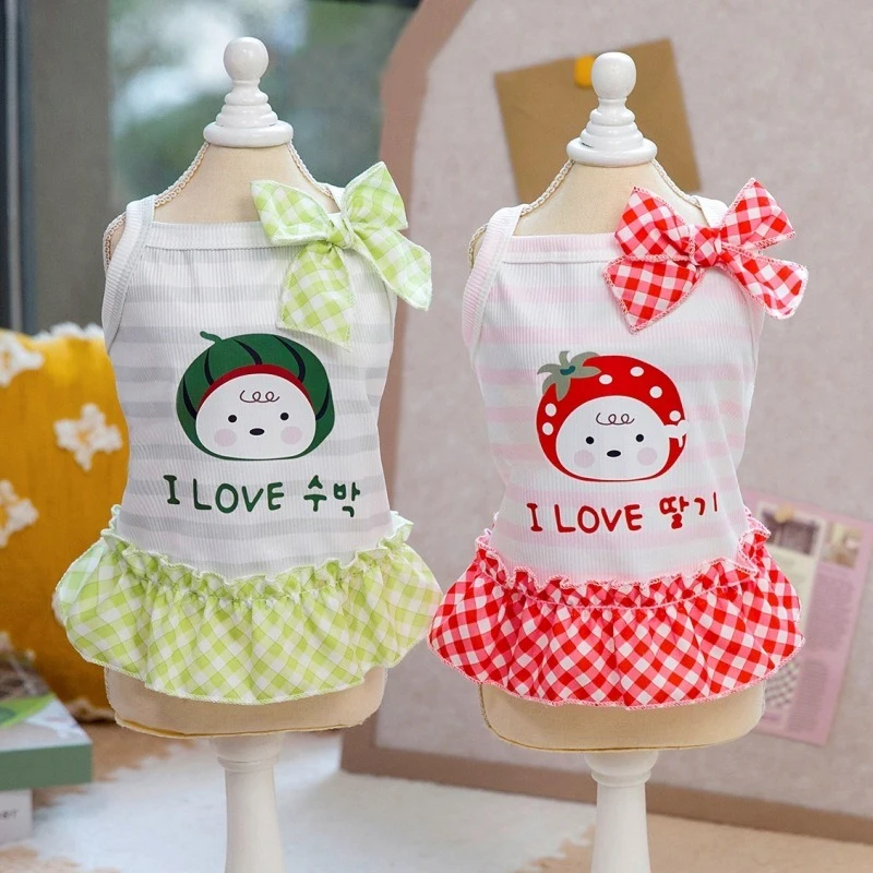 Vestidos rojos de verano para niña de dibujos animados para Chihuahua, pajarita de celosía, Color caramelo, mascota, una pieza, ocio al aire libre, faldas de chaleco de princesa para gato