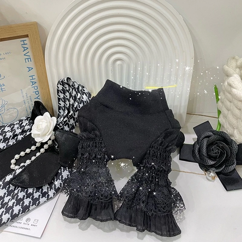 Camisa básica de cuello alto para mascotas, camiseta de otoño e invierno con mangas acampanadas de encaje, ropa para perros pequeños - imagen 2