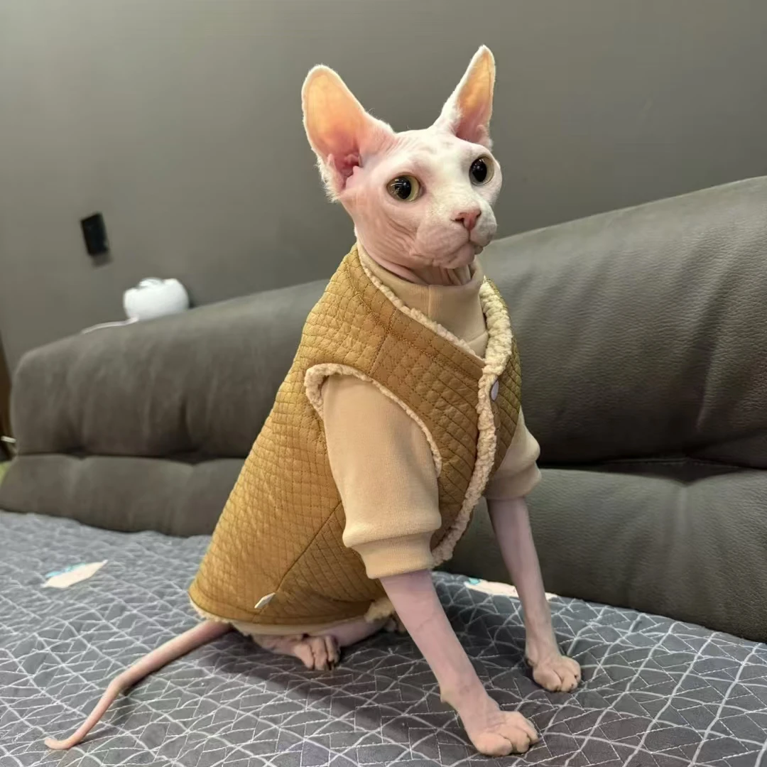 Sudadera gruesa de vellón sólido Traje de chaqueta para Sphynx Invierno cálido manga larga Chaleco de cárdigan caqui para gato sin pelo en otoño