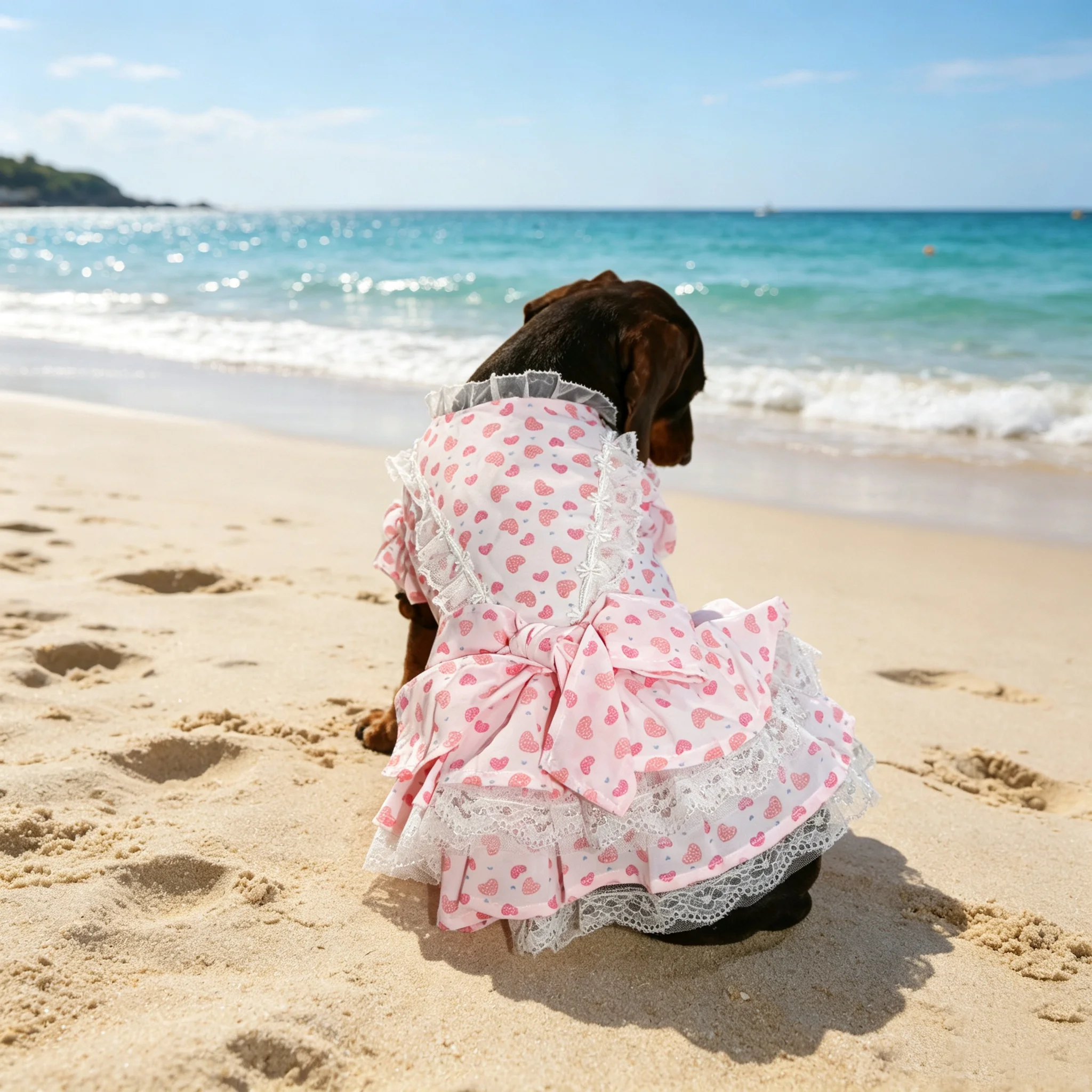 Vestido floral verano para perro salchicha: lazo rosa y azul - imagen 2
