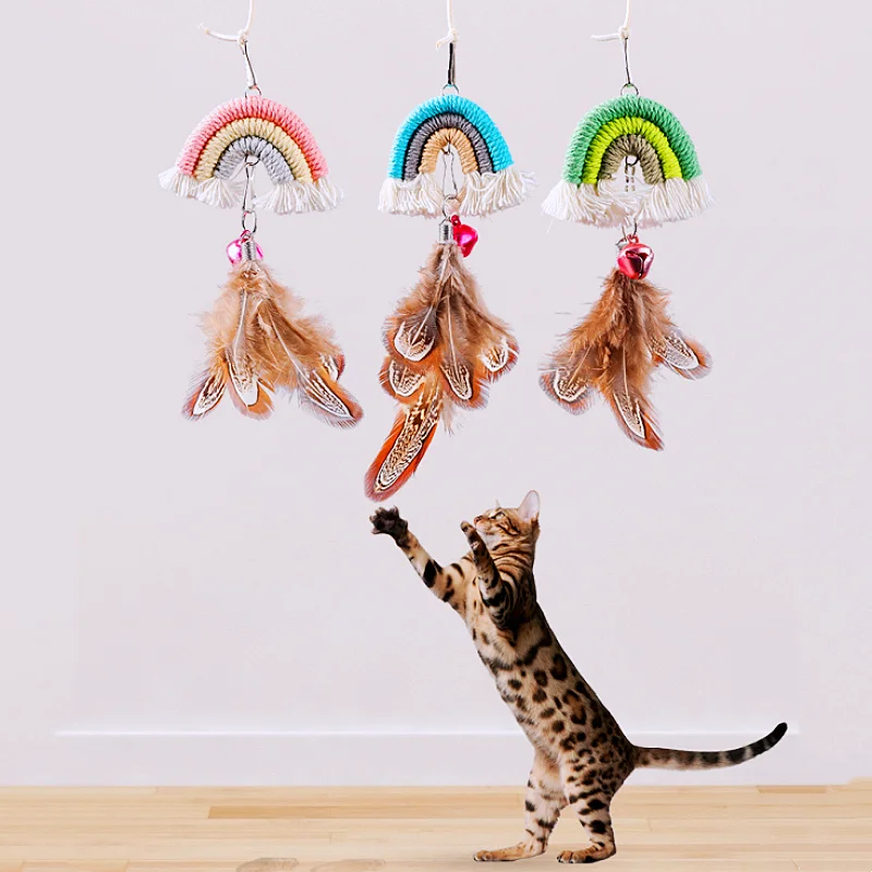 Juguete interactivo de arcoíris para gatos, palo Teaser de plumas para puerta colgante, juguetes para gatos, entrenamiento, bastones elásticos de columpio - imagen 4