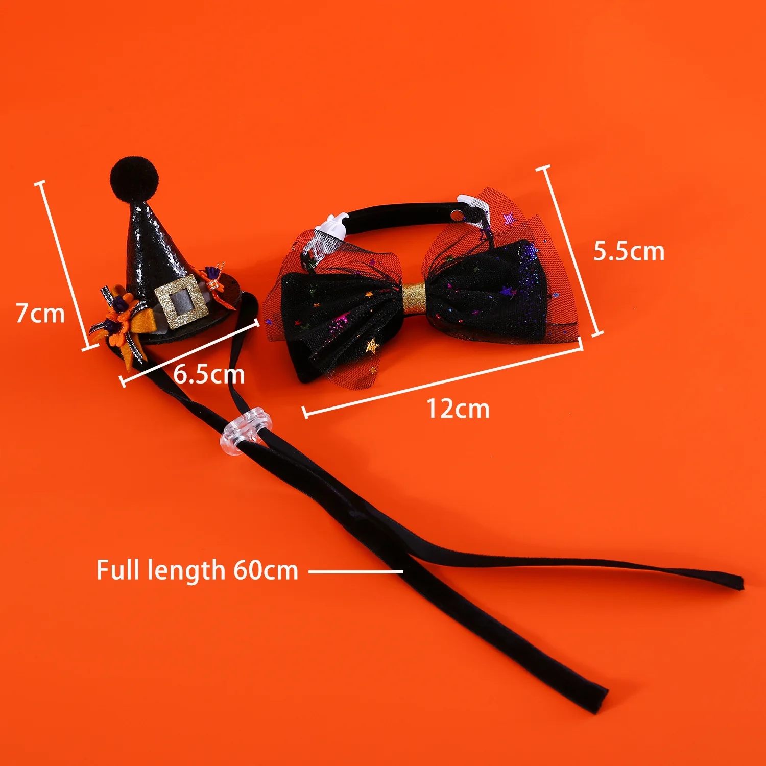 Conjunto de disfraces de Halloween para mascotas, cuello de pajarita de terciopelo de calabaza, sombrero de lentejuelas, tocado de gato y cachorro, fotografía - imagen 4