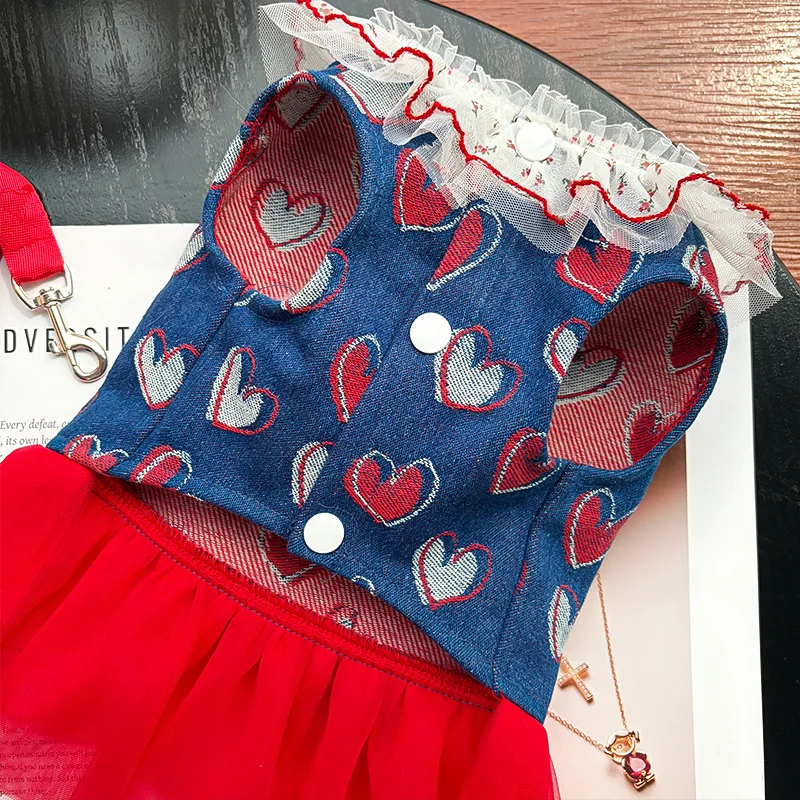 Vestido primavera para perro pequeño Chihuahua mezclilla tul rojo - imagen 4