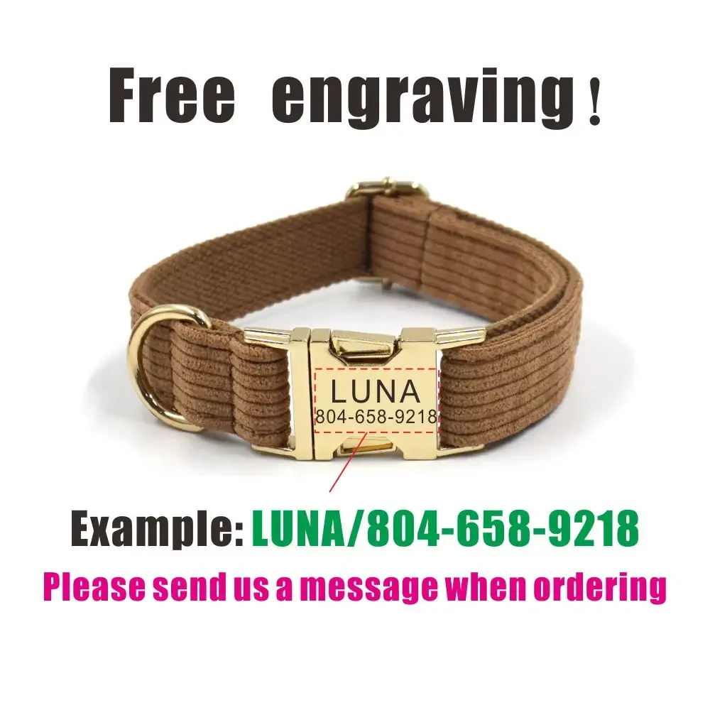 Collar personalizado para perro, correa de fibra de pana marrón, grabado gratis, etiqueta de nombre de identificación, accesorio para mascota - imagen 4