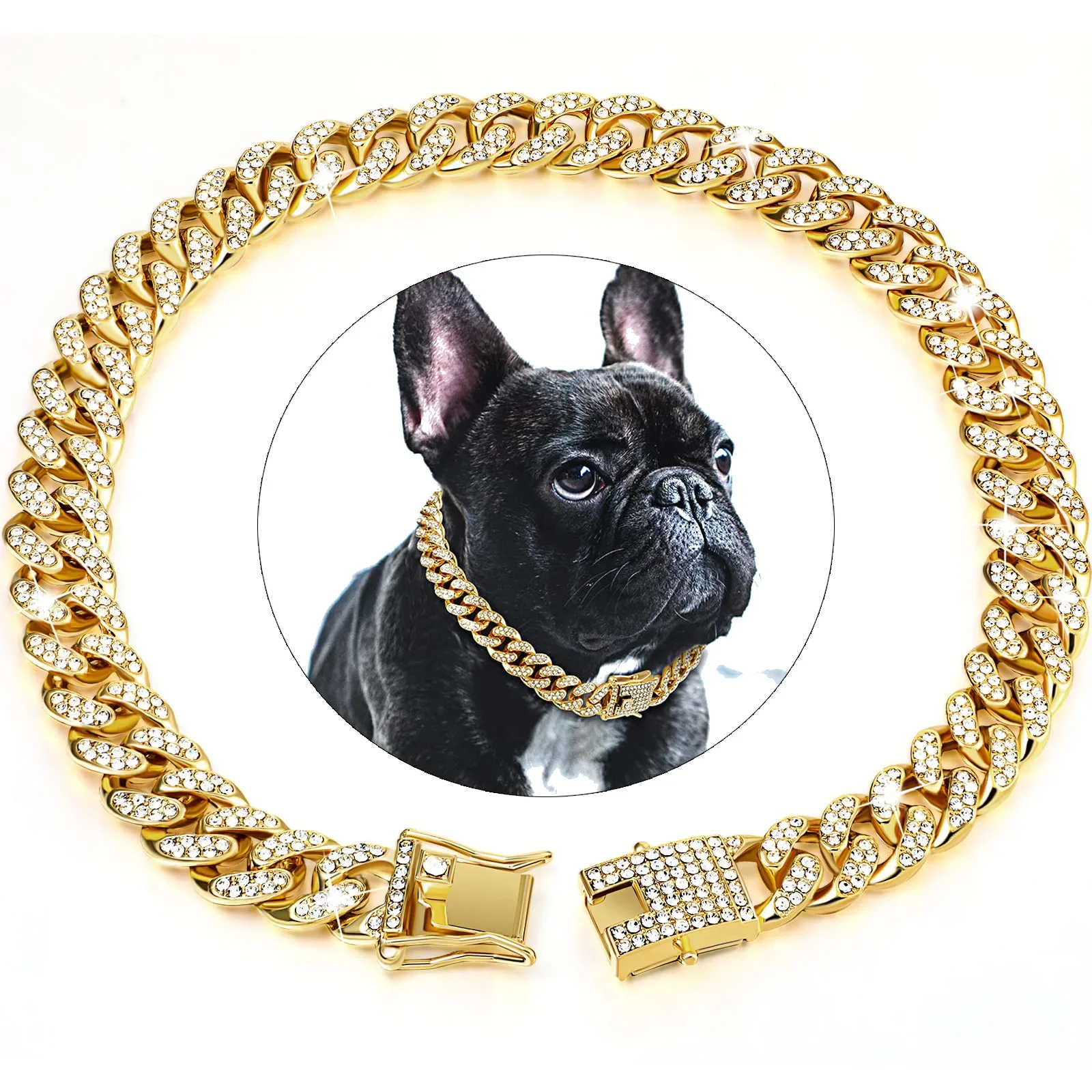Collar para perro cadena cubana con diamantes y hebilla segura
