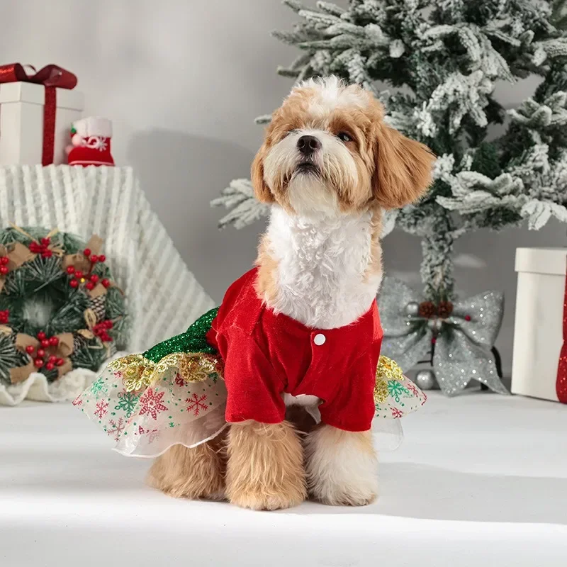 Ropa de Navidad para perros, falda de terciopelo dorado con lentejuelas coloridas para mascotas pequeñas, gatos y perros, ropa para cachorros - imagen 2
