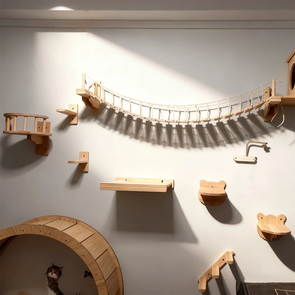 Centro de actividades para gatos montado en la pared, estantes de madera para gatos con escalones para rascar y hamaca colgante para gatos, muebles de pared para escalar - imagen 5