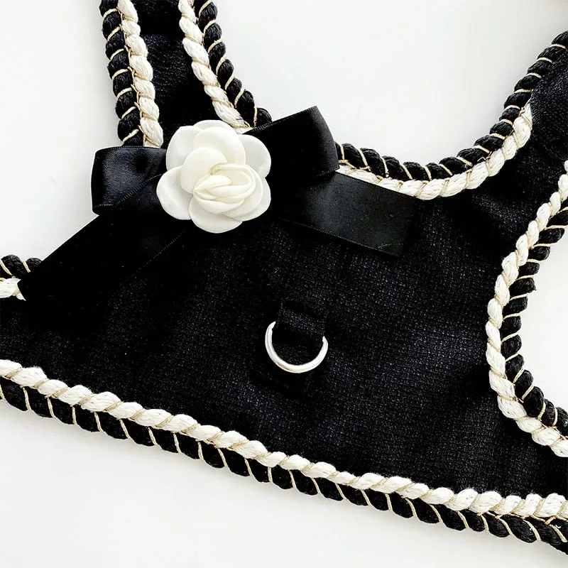 Camelia perro pecho correa arnés chaleco con correa conjunto para perros pequeños y medianos caminando, negro, ropa de diseñador de lujo - imagen 3