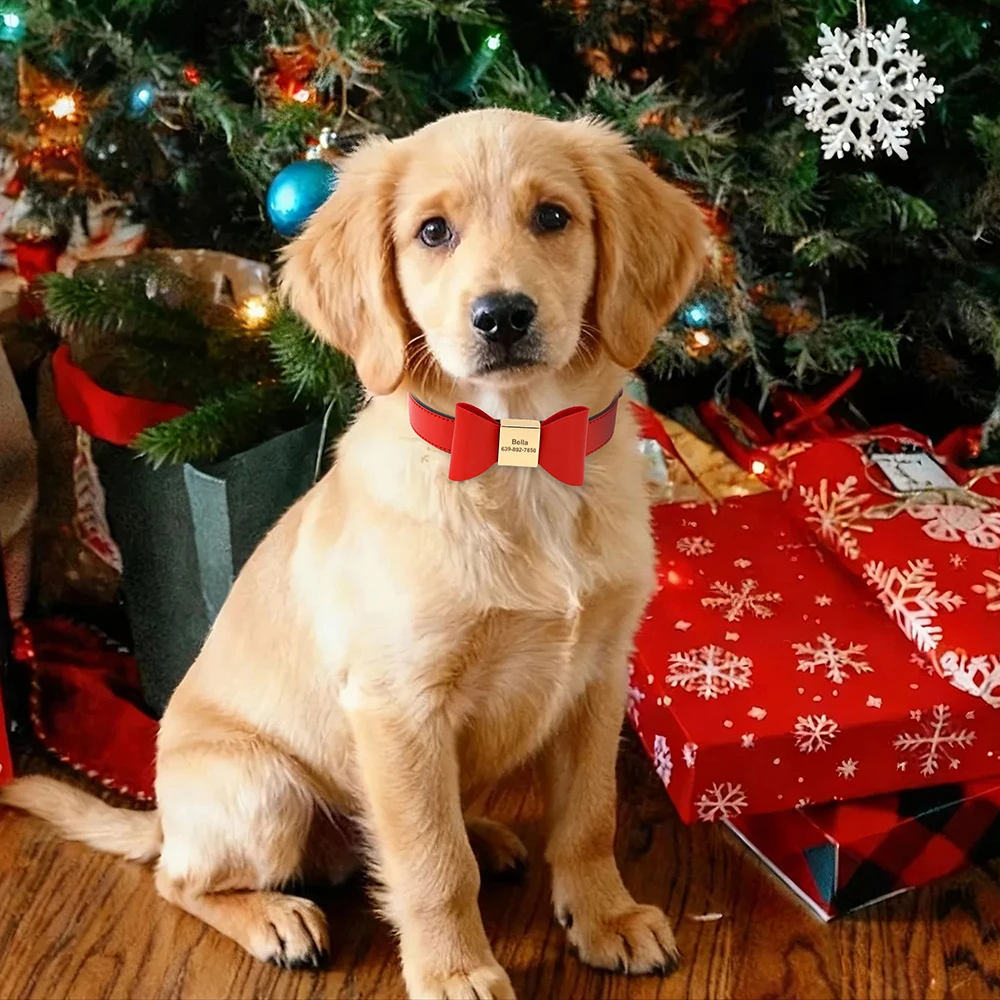 Collar personalizado con nombre de perro, Collar con lazo de cuero PU suave para cachorros y gatos, collares de identificación antipérdida para perros pequeños, medianos y grandes - imagen 2