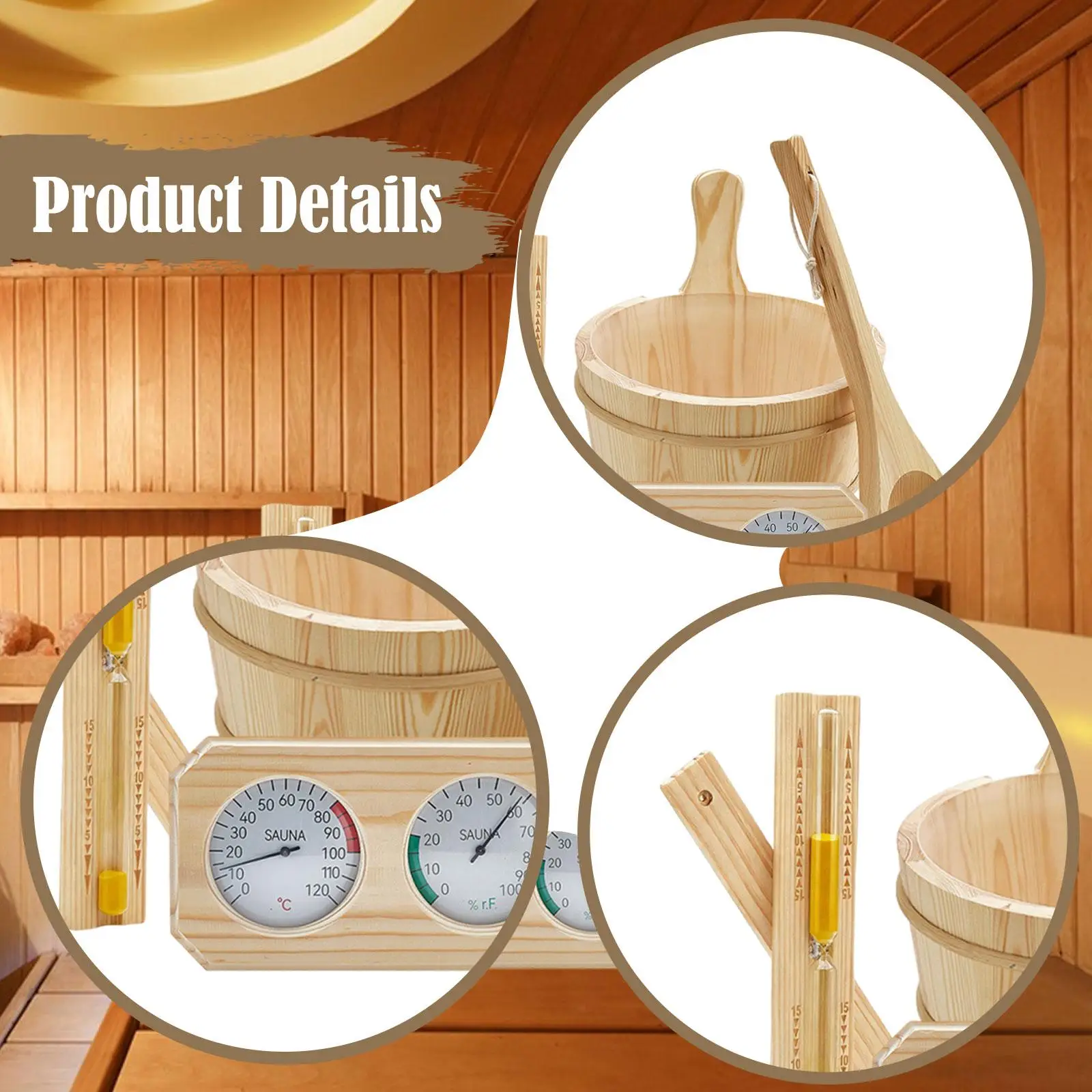 Juego de accesorios para sauna, regalos resistentes de 4L, termómetro multifuncional, higrómetro, reloj de arena, temporizador, cucharón para el hogar, baño, SPA - imagen 5