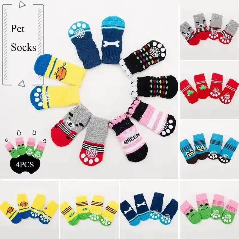 4 unids/set zapatos para gatos y cachorros de lindos calcetines para perros con estampado antideslizante para proteger y prevenir la suciedad calcetines cálidos para cachorros