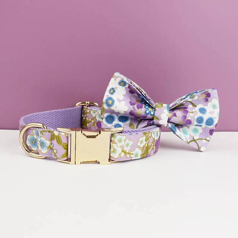 Arnês e trelas ajustáveis para cães, Impresso Roxo, Algodão macio, Coleira de cachorro personalizada, Acessórios de arco, Flores 03 - imagen 4