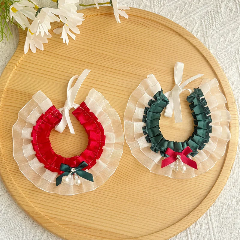 Bufanda de encaje navideña para mascotas, bufanda con baba, bufandas para gatos, bufanda triangular de peluche, collar de malla de viento de princesa, ropa para perros pequeños