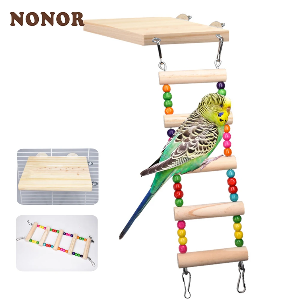 NONOR-juguetes para loros, puente de escalera colgante, columpio de madera para hámster, escalada, bolas coloridas colgantes de madera Natural, suministros para escaleras de pájaros