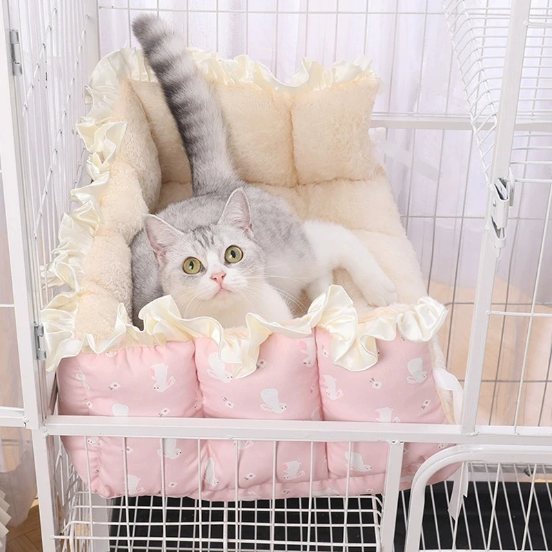 Estera de jaula para gatos cálida de invierno con correas de amarre, almohadilla de cama gruesa de felpa para mascotas, cubierta extraíble para gatitos, perros pequeños, uso en interiores - imagen 5