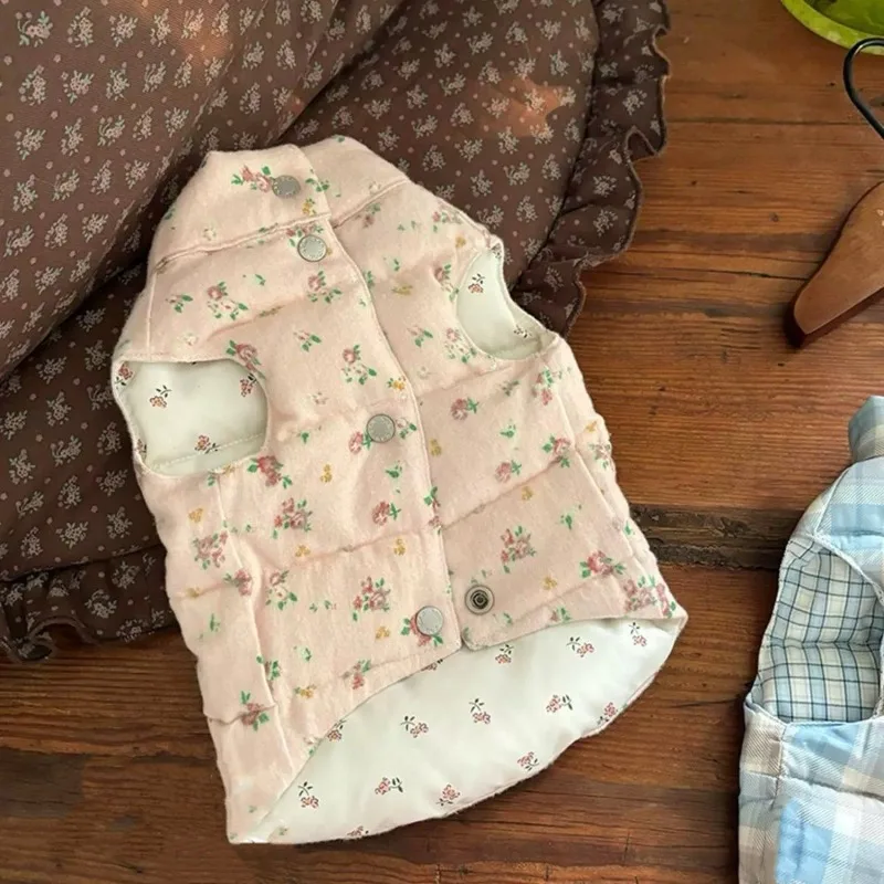 Abrigo a cuadros Floral rosa para mascotas, chaleco cálido grueso, abrigo de peluche para perros pequeños, ropa para perros pequeños, ropa para cachorros, otoño e invierno