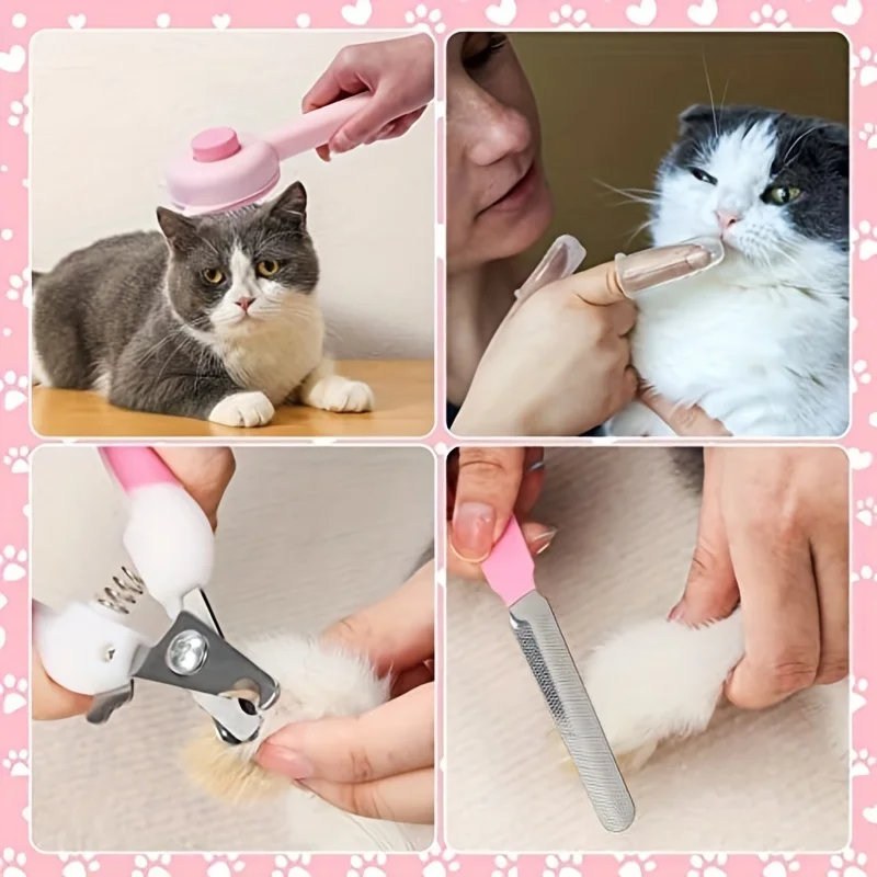 Kit de belleza con cepillo para gatos, kit de autolimpieza con cortaúñas y limas para mascotas, peine para pulgas, champú para mascotas, cepillo de baño, 8 piezas - imagen 5