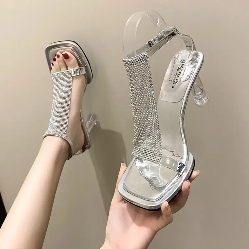 Zapatos de tacón alto transparentes para mujer, sandalias gruesas con diamantes de imitación, para verano, 2023