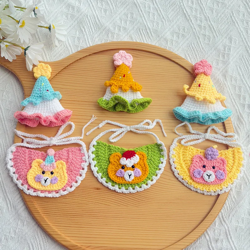 Traje de cumpleaños para mascotas, babero de cumpleaños para gatos tejido a mano, bonito gorro de lana de peluche, decoración para perros, accesorios para cachorros, accesorios para mascotas
