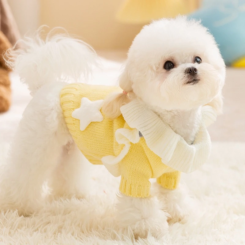 Ropa amarilla dulce para perros, suéter tejido de lana suave para perros pequeños y medianos, pajarita, monos de invierno para cumpleaños de princesa y niña - imagen 3