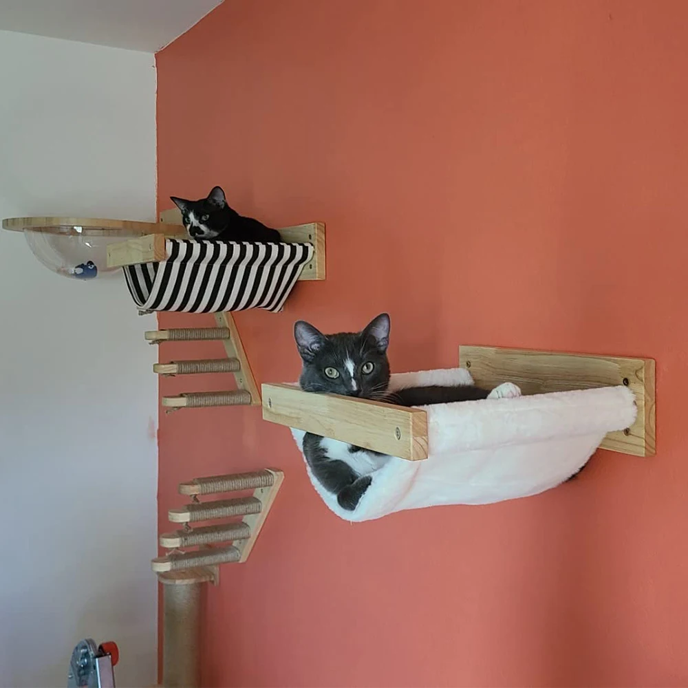 Hamaca montada en la pared para gatos, poste de rascado de madera maciza de Sisal, pedales para gatitos, muebles interiores para dormir - imagen 4